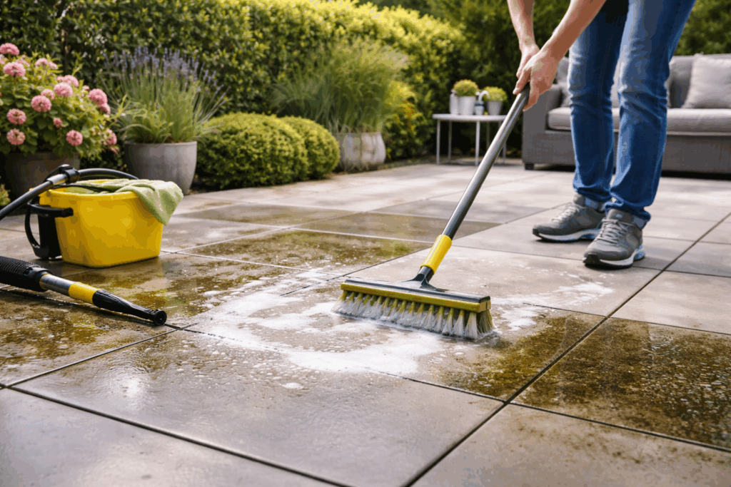 Keramische tuintegels schoonmaken