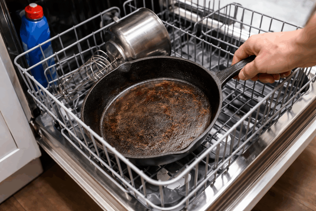 gietijzeren pan schoonmaken vaatwasser