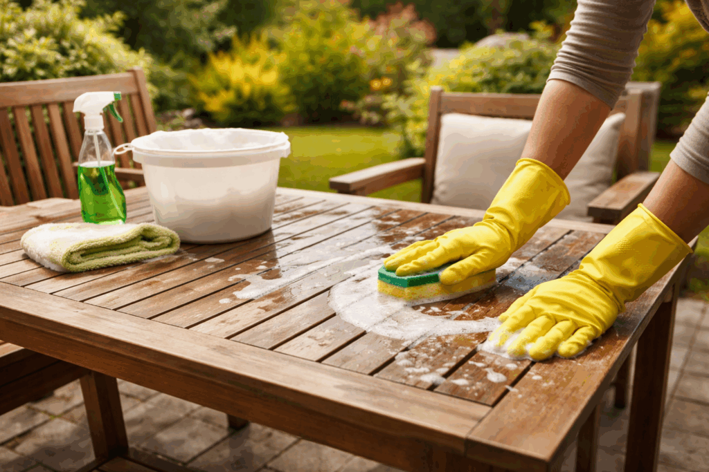 Houten tuinmeubelen schoonmaken