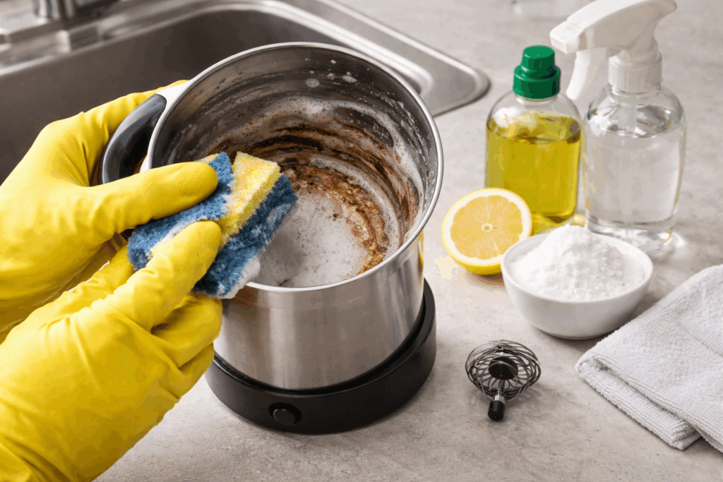 aangekoekte melkopschuimer schoonmaken