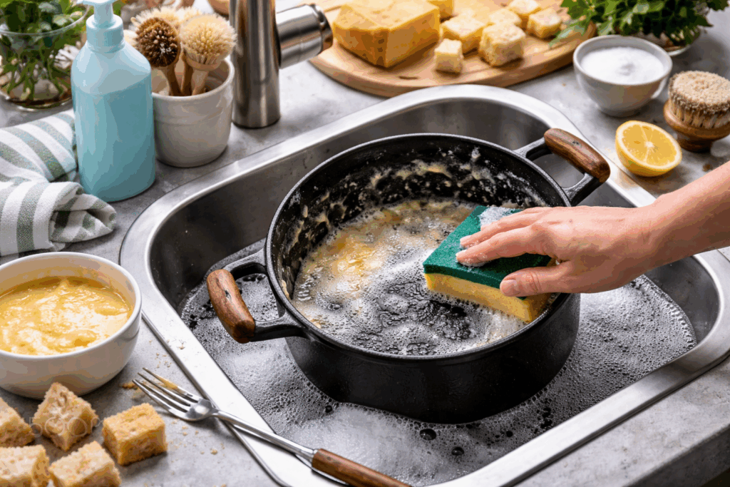 Kaasfondue pan schoonmaken