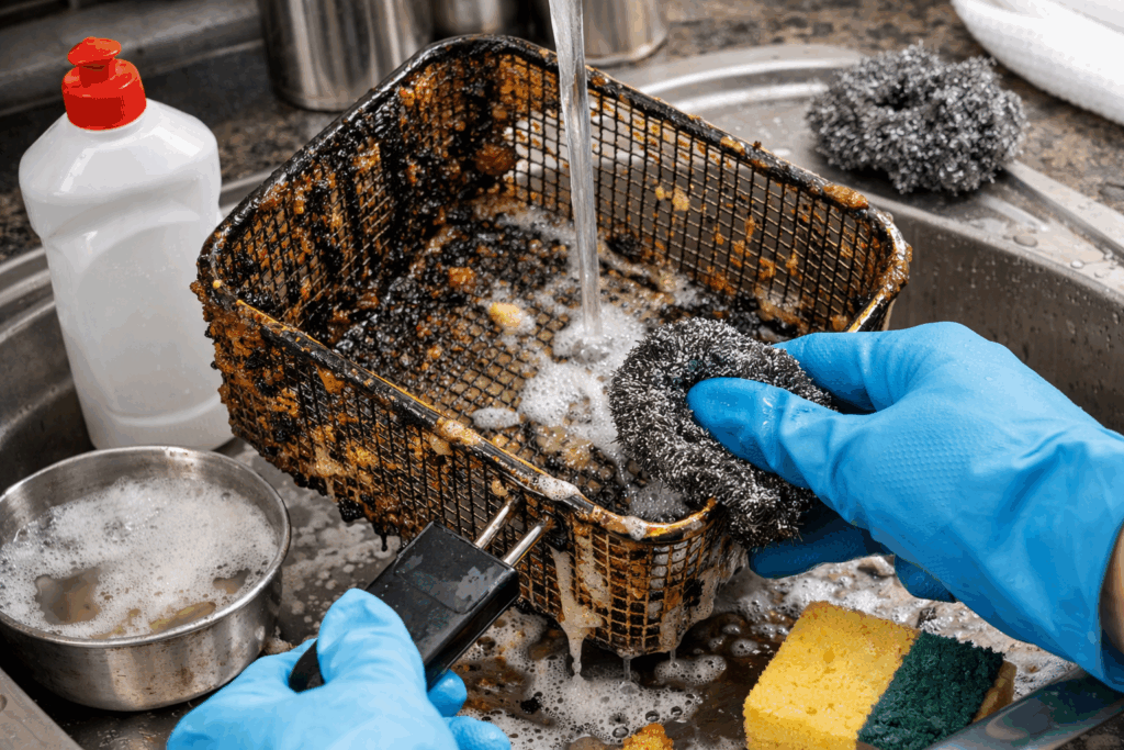 aangekoekte frituurmand schoonmaken