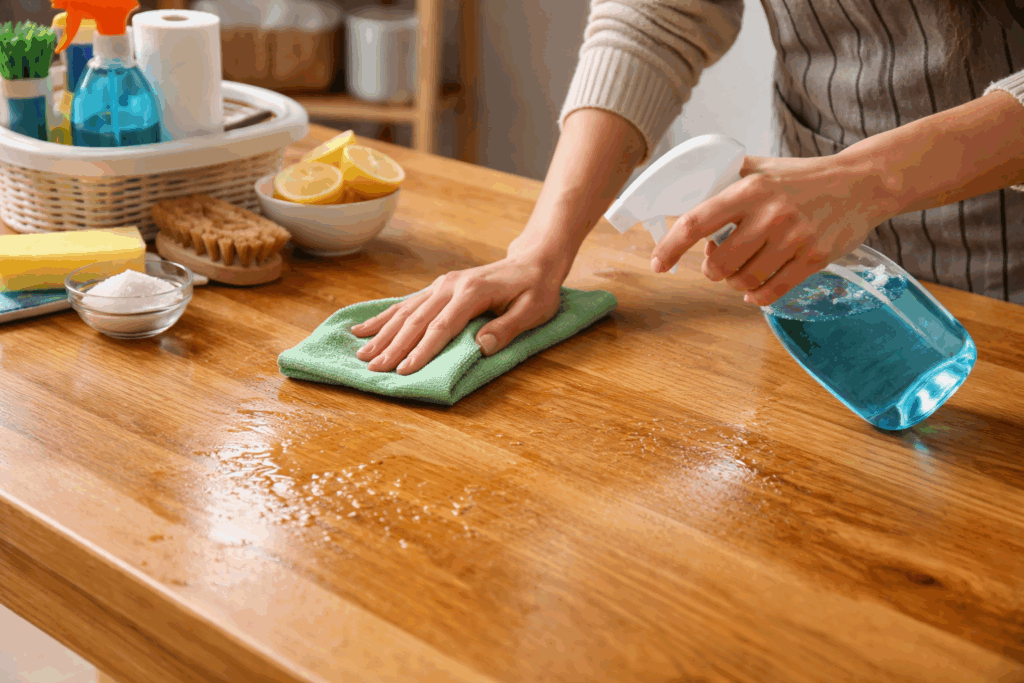 plakkerige houten tafel schoonmaken