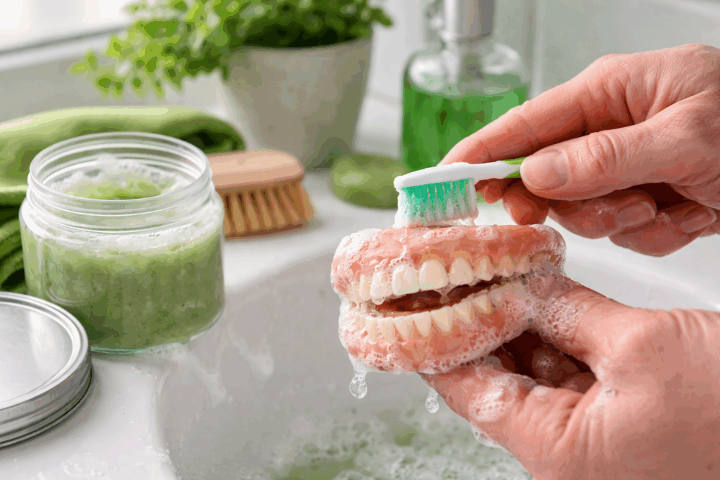 kunstgebit schoonmaken met groene zeep