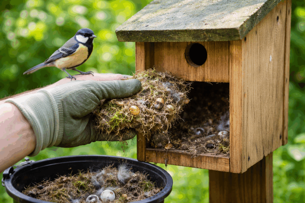 Koolmees nest schoonmaken