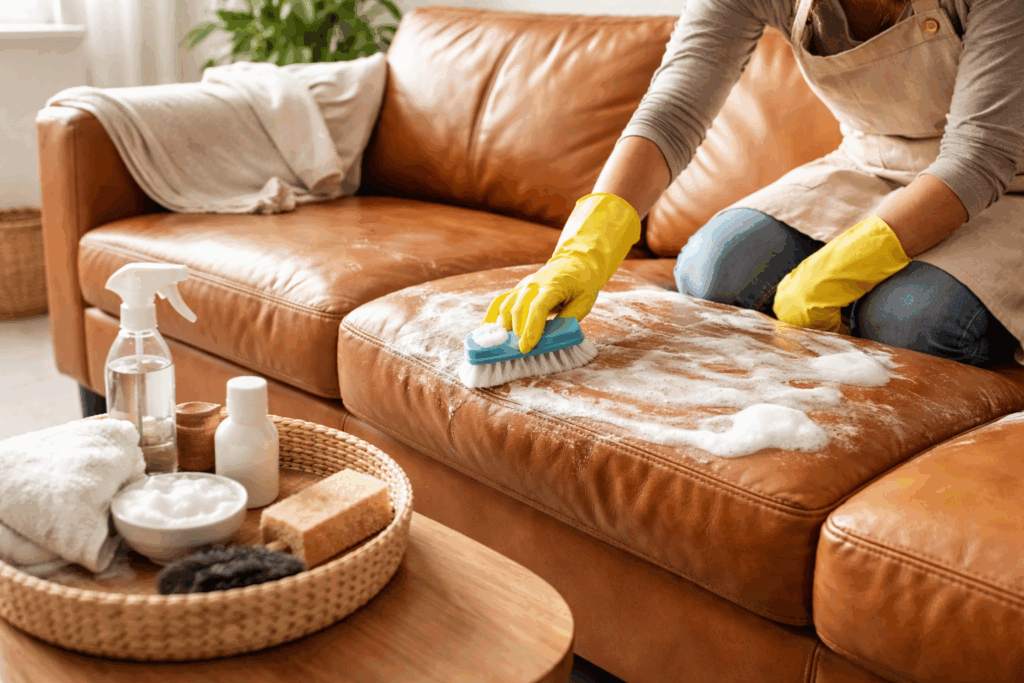 Leren bank schoonmaken