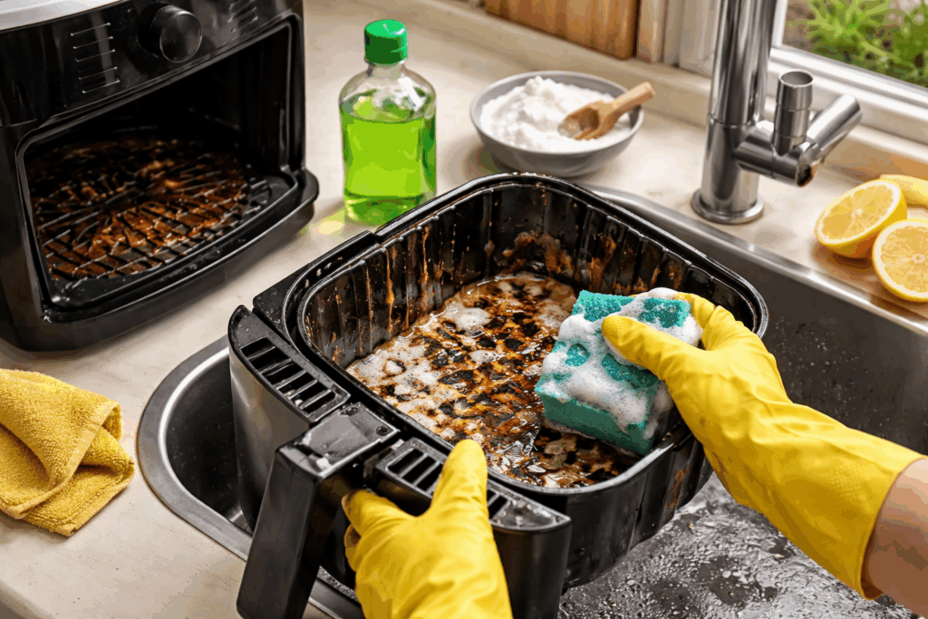 aangekoekte airfryer schoonmaken