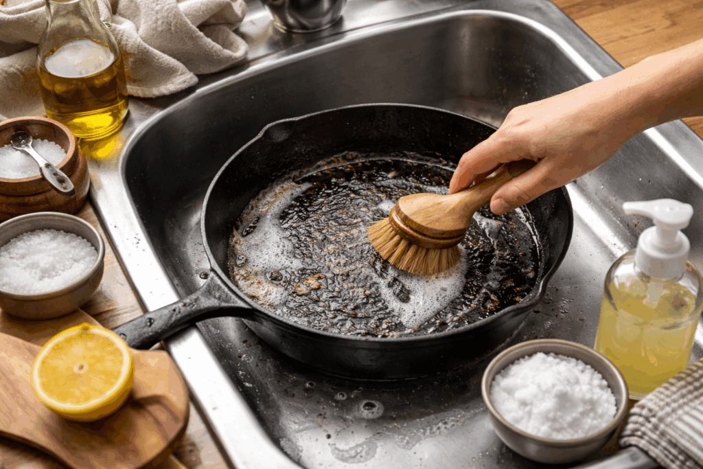 Gietijzeren pan schoonmaken