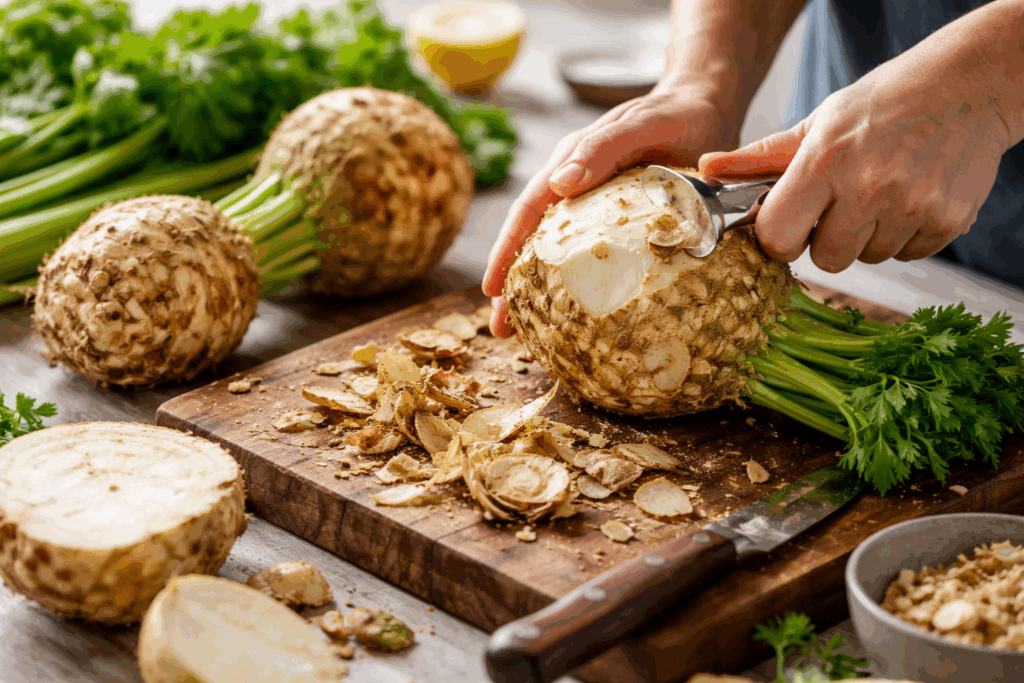 Knolselderij schoonmaken