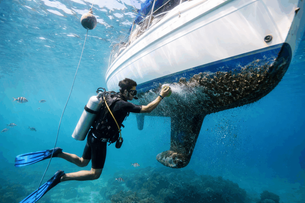 onderkant boot schoonmaken in water